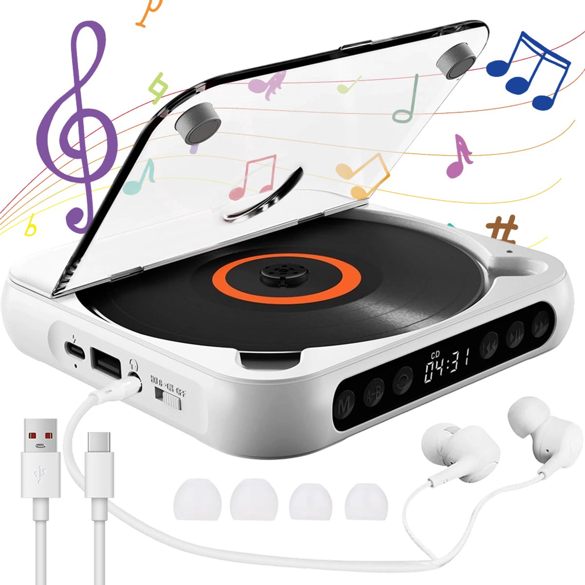 Draagbare CD-Speler - Oplaadbare CD-Speler met Bluetooth - CD/CD-R/CD-RW & MP3 - USB Muziekspeler - 2000mAh Accu - Met Hoofdtelefoon - Voor Thuis en Onderweg - Wit