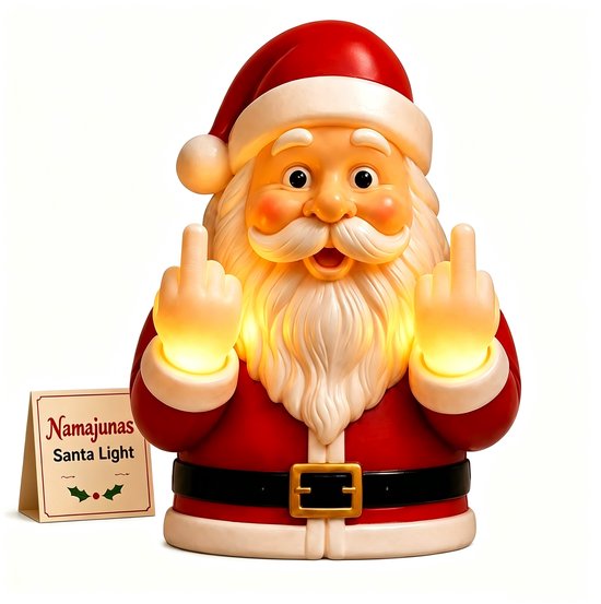 Kerstman met rode hoed en jas, gouden gesp, die met beide handen de middelvinger opsteekt. De handen gloeien warm. Een bordje met 'Namajunas Santa Light' staat ernaast.