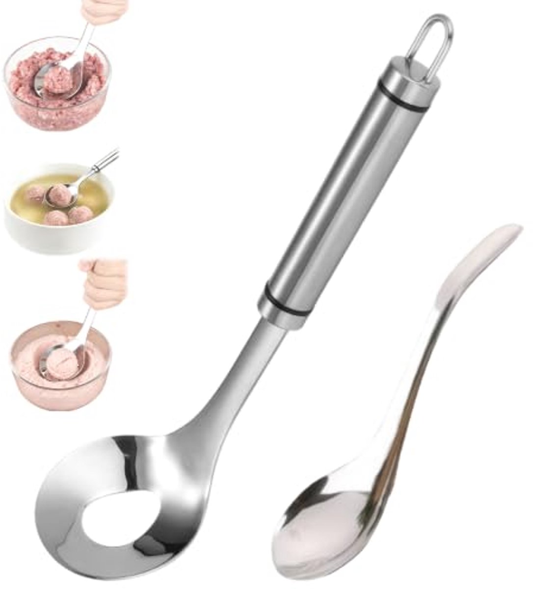 RVS Gehaktbal Maker - Gehaktbal Lepel Set - Roestvrijstalen Gehaktbal Vormer met Gaatjes - Lange Steel Handige Keuken Tool - Geschikt voor Vleesballen, Garnalen, Groenteballen, Rijstballen-Ophanghaak - Eenvoudig in Gebruik en Schoon te Maken