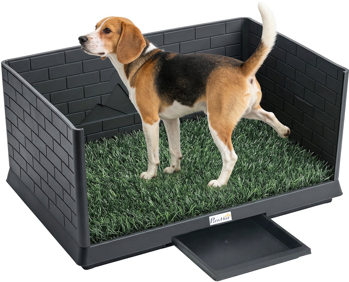 Hondentoilet met kunstgras - hoge randen en uitschuifbare bak - afvoersysteem - 75x51x36 - 5 cm - zwart