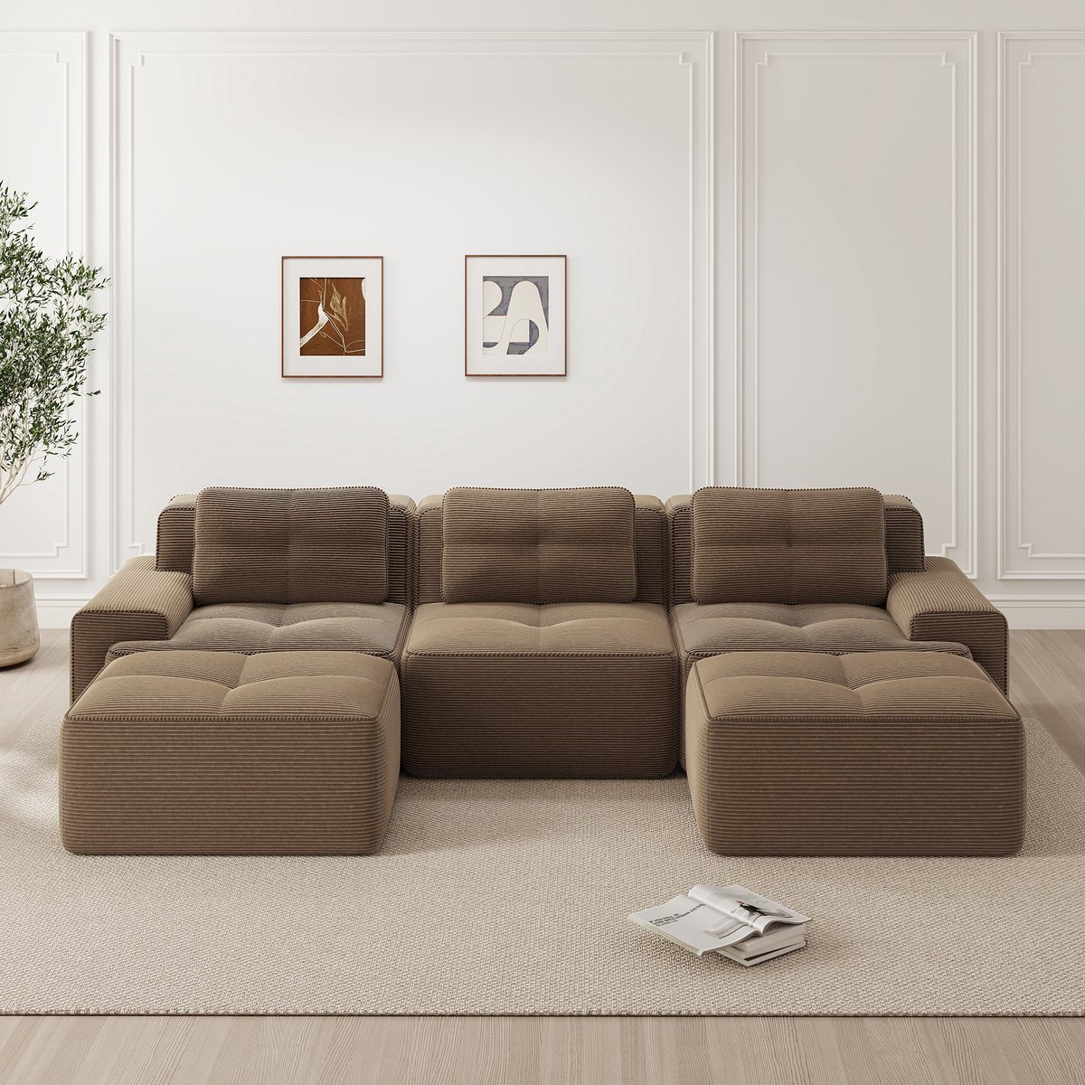 U-vormige bank - modulaire bank met voetenbank - 3-zits corduroy Cloud-bank - voor de woonkamer - kant-en-klare bank - bruin
