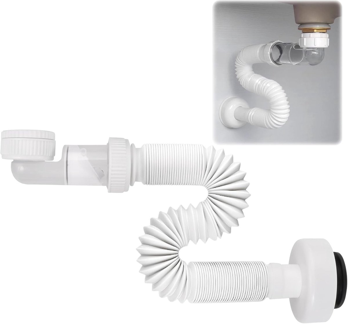 Ruimtebesparende sifon 1/4 inch, 360° verstelbare geurvrije flexibele afvoer, vervangbare afvoerbuis voor keuken en badkamer, ideaal voor optimale afvoer en geurcontrole