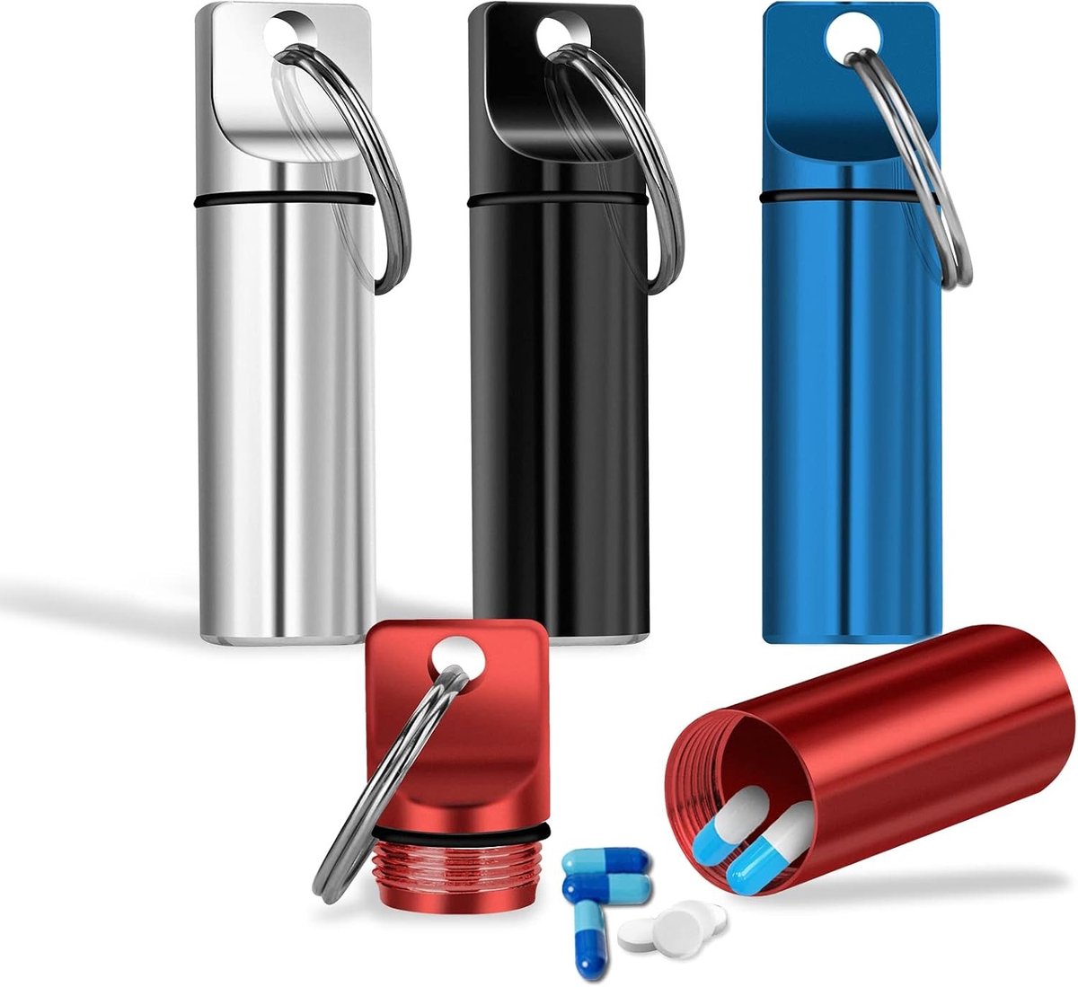 4 Stuks Mini Pillendoos Sleutelhanger - Draagbare Aluminium Reis Pillen Organizer - Waterdichte Pillenhouder voor Kamperen en Reizen in Zwart en Zilver
