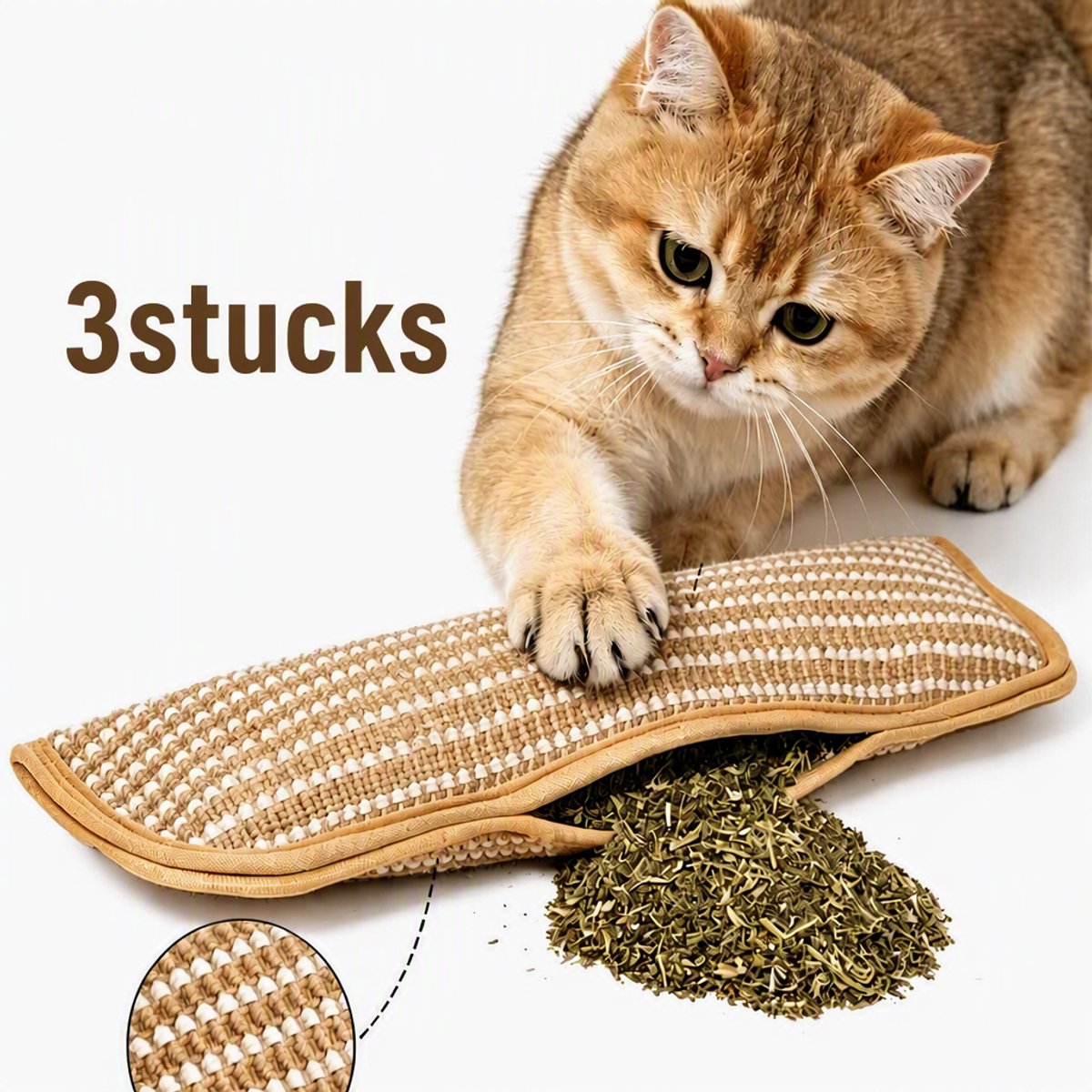 ECTEATOY® 3-Stuks Kattenspeelgoed - Kattenspeeltjes met Catnip - Speelgoed met kattenkruid - Linnen Krabspeelgoed en Kauwkussen Vol - 34x9,5 cm