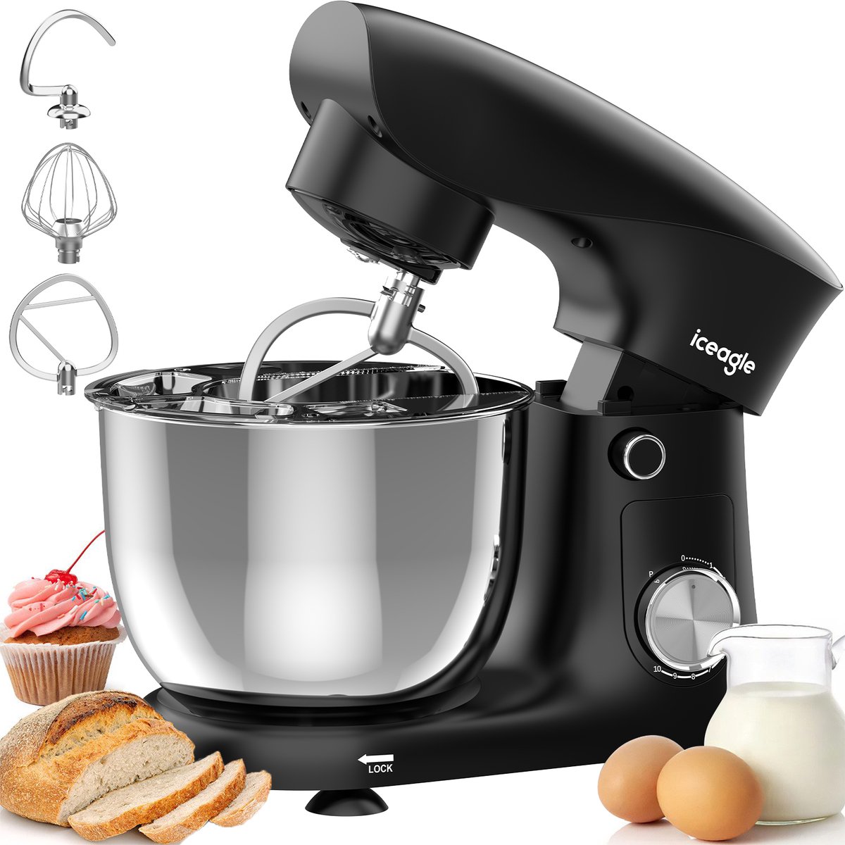 Keukenmixer - Stille Werking - 5L Mengkom - 10 Snelheden - Inclusief Deeghaak, Garde & Menghaak - Keukenrobot - Zwart