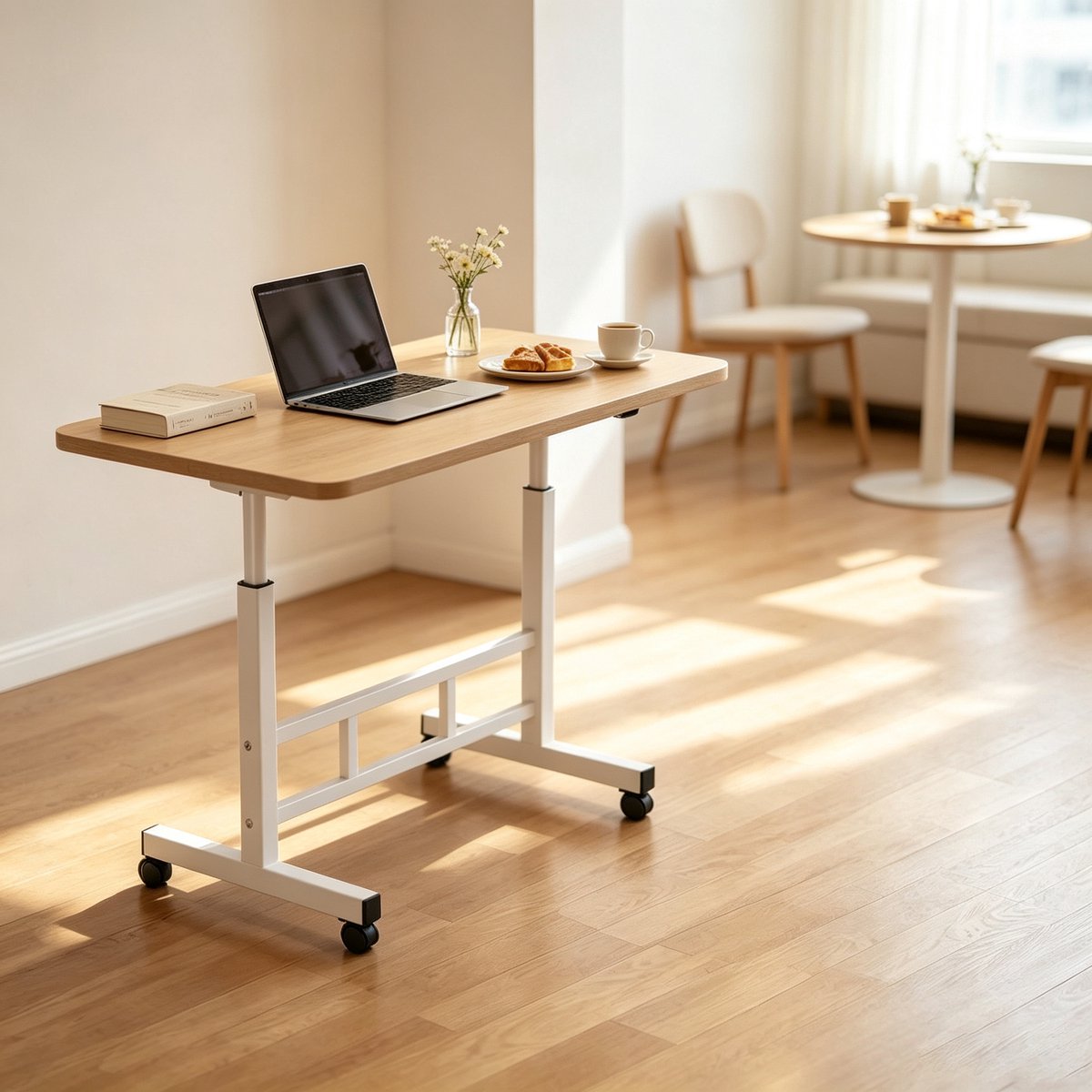 Mobiel verstelbaar en opvouwbaar computer-/studiebureau licht houtkleurig 80*40*65-87 cm met wielen in hoogte verstelbaar en draaibaar bureaublad geschikt voor thuisgebruik