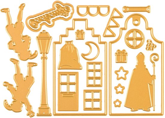 Gouden snijmallen met Sinterklaas, pieten, grachtenpanden, cadeautjes, lantaarnpaal en 'sinterklaas' tekst.