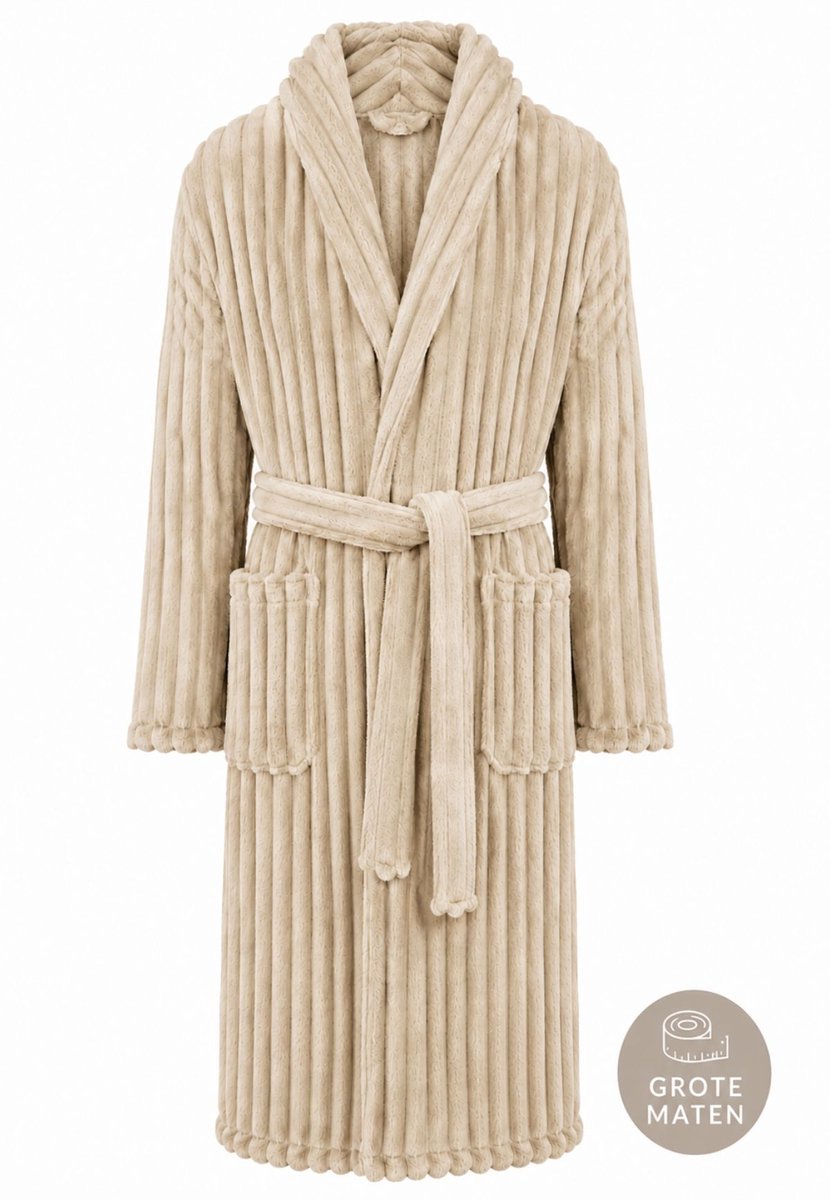 Relax Company Badjas plus size - ribcord fleece - grote maten badjas rib- fluweelzacht – luxe badjas heren - luxe badjas dames - beige beige ribcord
