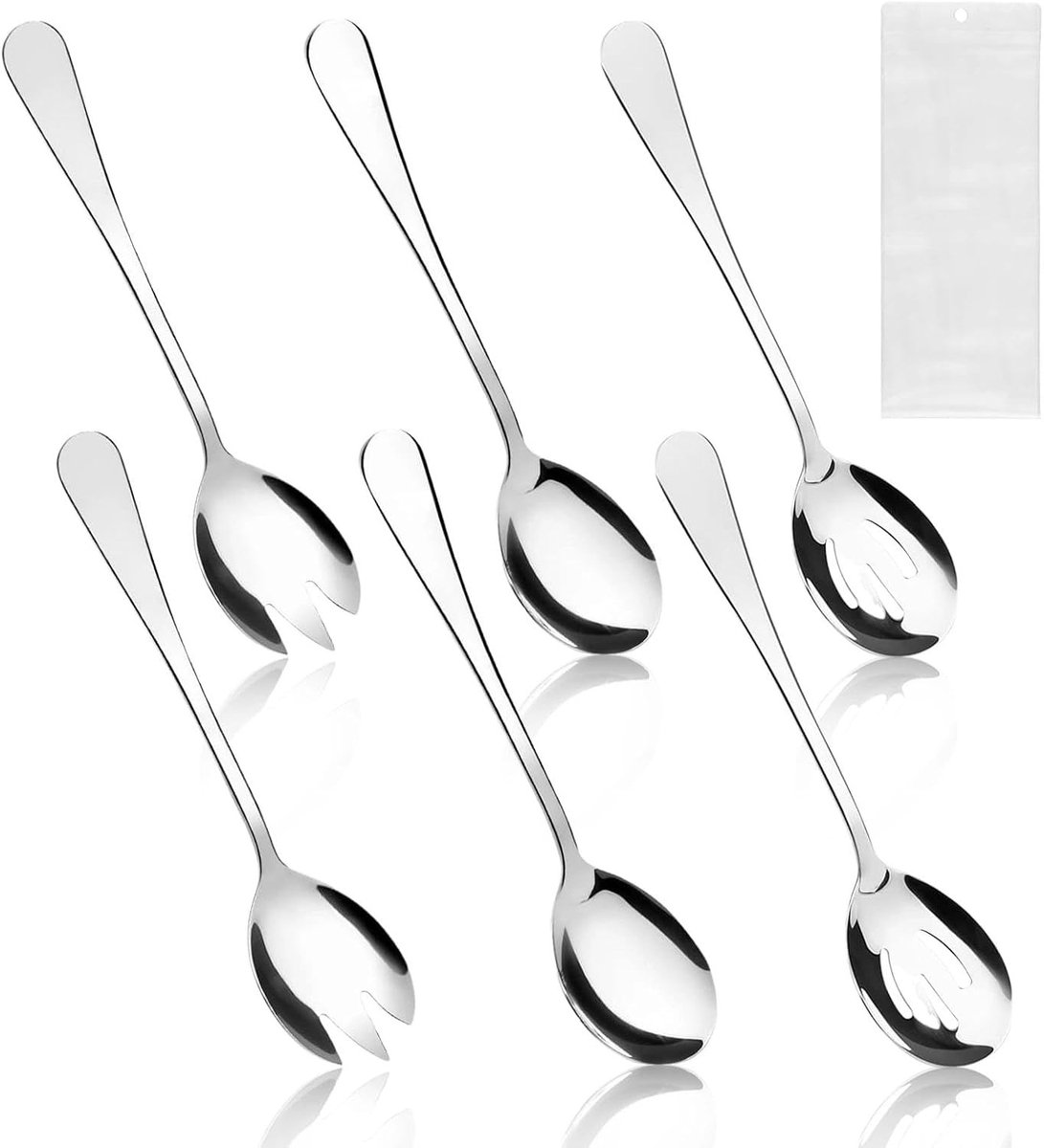 Set van 6 RVS Saladescheppen en -vorken van 20 cm met Opberg Organizer voor Keuken en Restaurant, Perfect voor Salades en Catering