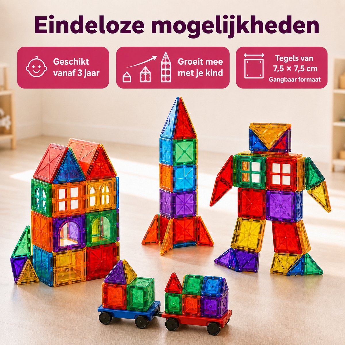 By Baboo® Magnetic Tiles 100 stuks + Bouwclub toegang - Magnetische Tegels Speelgoed Blokken - Magna Magnetisch Cadeau Jongens Meisjes Constructie - Montessori Mind Educatief Kinderspeelgoed 3 Jaar, 4 jaar, 5 jaar, 6 jaar, 7 jaar, 8 jaar, 9 jaar — cadeau in Spellen & Speelgoed - foto 4