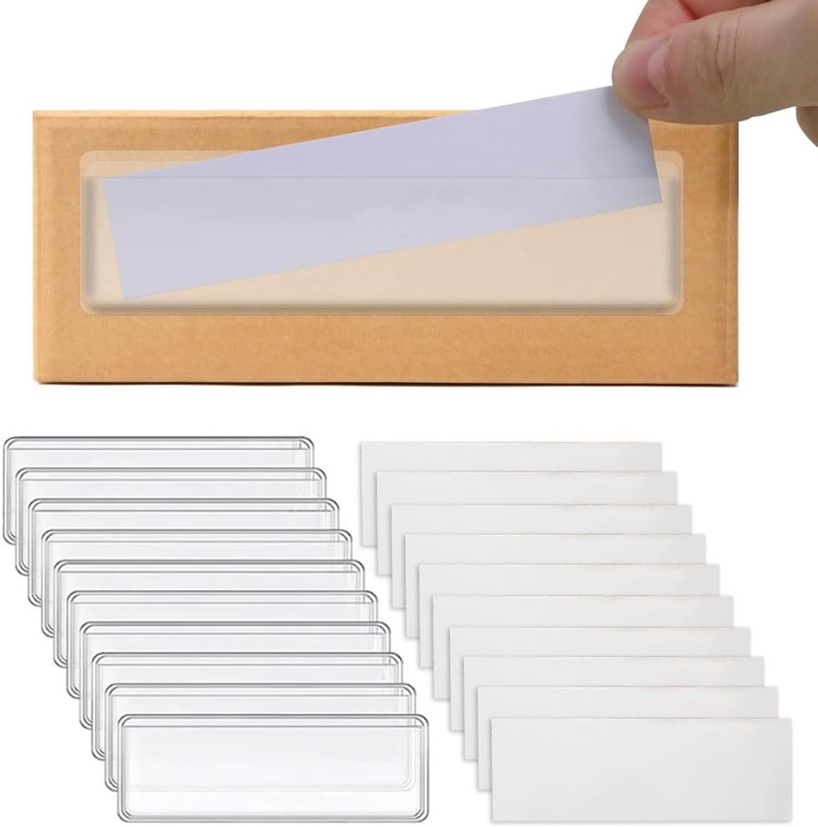 Zelfklevende etikettenhouders, transparant, 10 stuks met papieren vellen, voor planken, laden en dozen