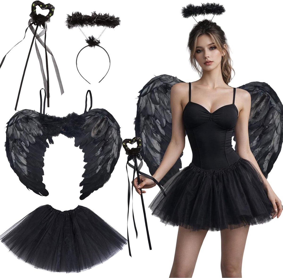 Set van 4 Zwarte Engel Kostuums, Vallen Engel Outfit met Vleugels, Hoorn, Toverstaf en Tutu Rok voor Halloween en Feestjes