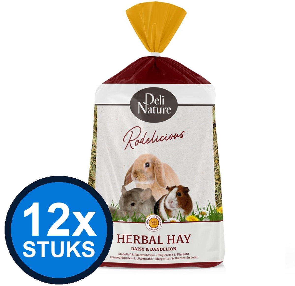 12x Deli Nature Rodelicious Kruidenhooi Madelief & Paardenbloem - Knaagdierhooi - 600g