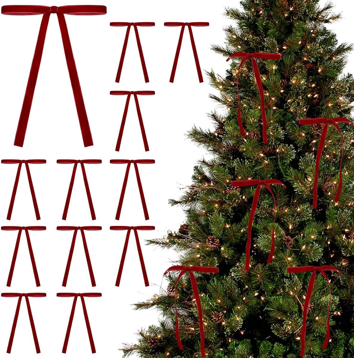 12 Stuks Rode Kerststrikken van Fluweel voor Kerstboomdecoratie, Cadeaus en Feestjes