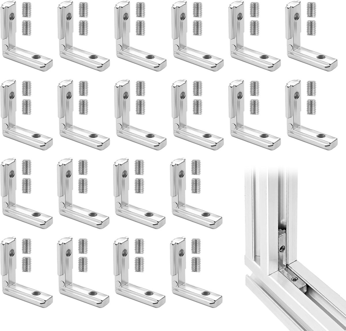 T-groef binnenhoeken voor aluminium profielen, 20 stuks, L-vormige 90° verbindingen met 40 schroeven voor stevige constructies en eenvoudige montage