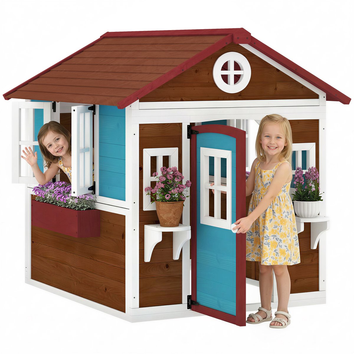 Outsunny Kids Playhouse Tannenholz 126,4L x 114B x 135H cm Mehrfarbig