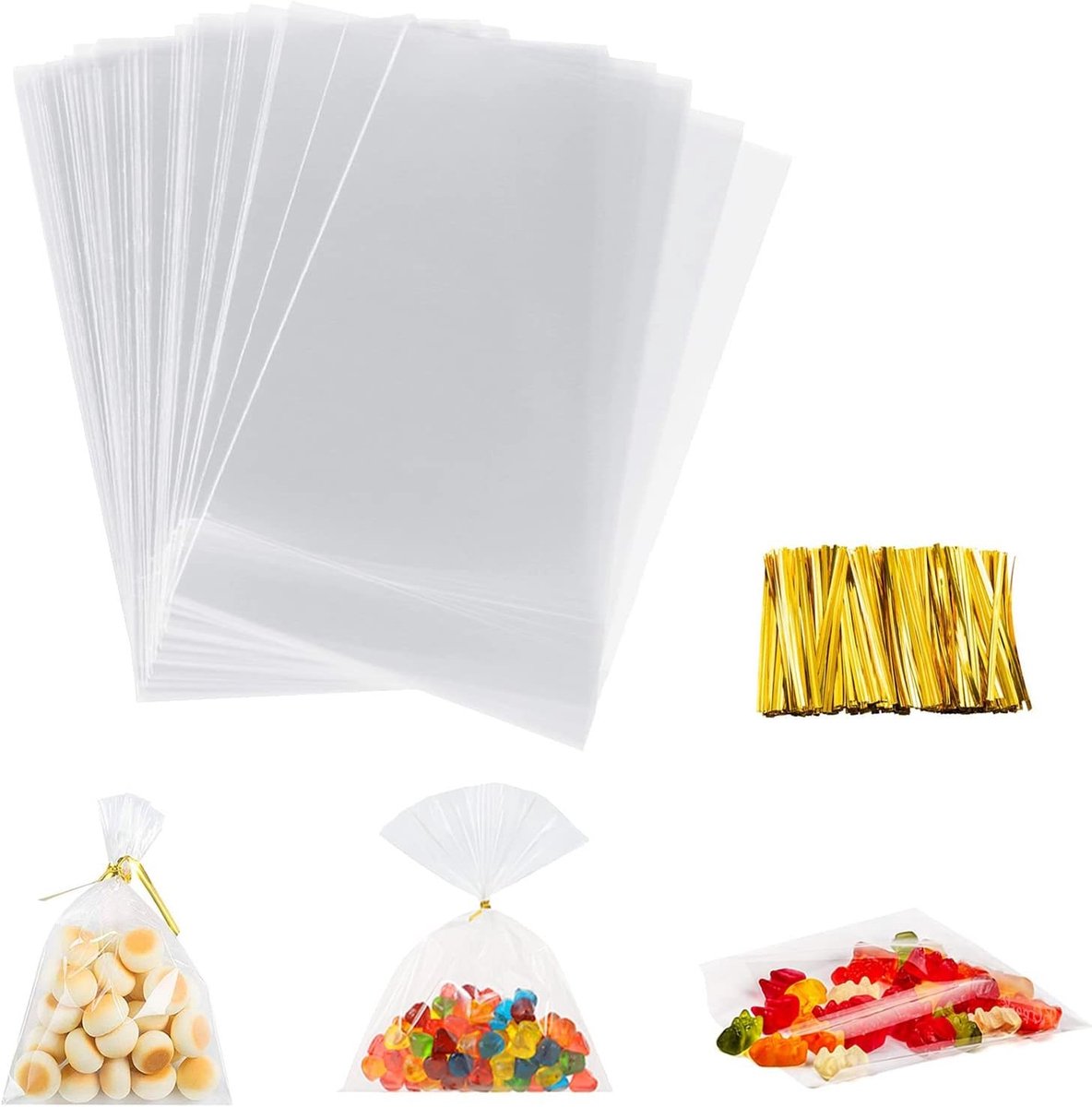 Set van 100 cellofaan zakken 20 x 30 cm voor snoep, chocolade en gebak met gouden lint