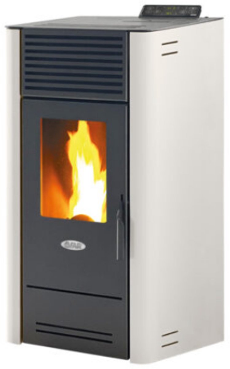 Fair BIO 100A Pelletkachel 10 kW – Compact Design – Boven- of Achteraansluiting – Gietijzeren Branderpot – Programmeerbaar – Wit – 265 m³