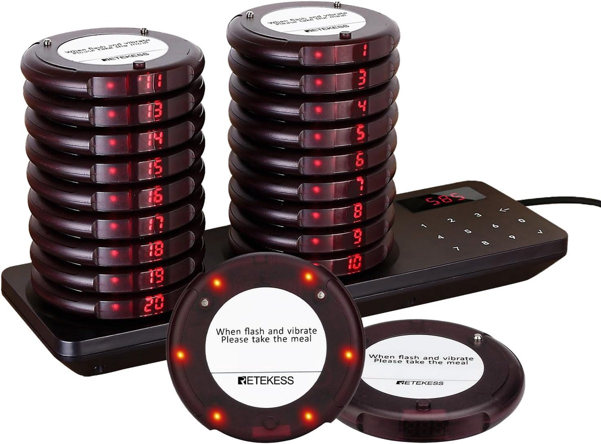 Retekess TD163 Oproepsysteem Restaurant - Restaurant Pager - 20 Pagers voor Hotels Bars -500M - 31 Cueing Modi-300mAh Batterij 20H - Waarschuwing Lege Batterij