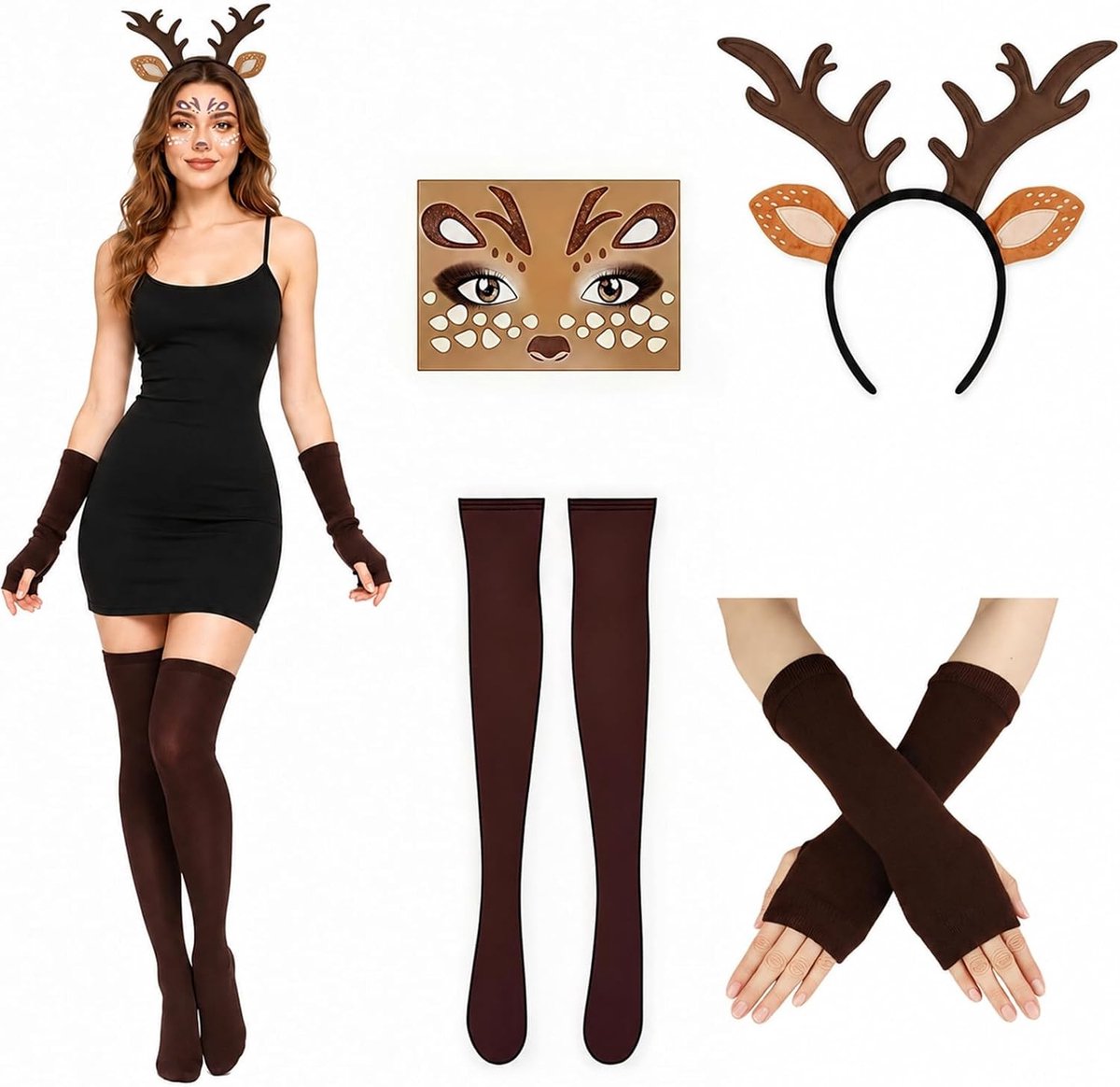 Rendierkostuum met hoofdband en overknee-kousen voor volwassenen, perfect voor Halloween, Kerstmis en themafeesten, inclusief hertensticker en accessoires