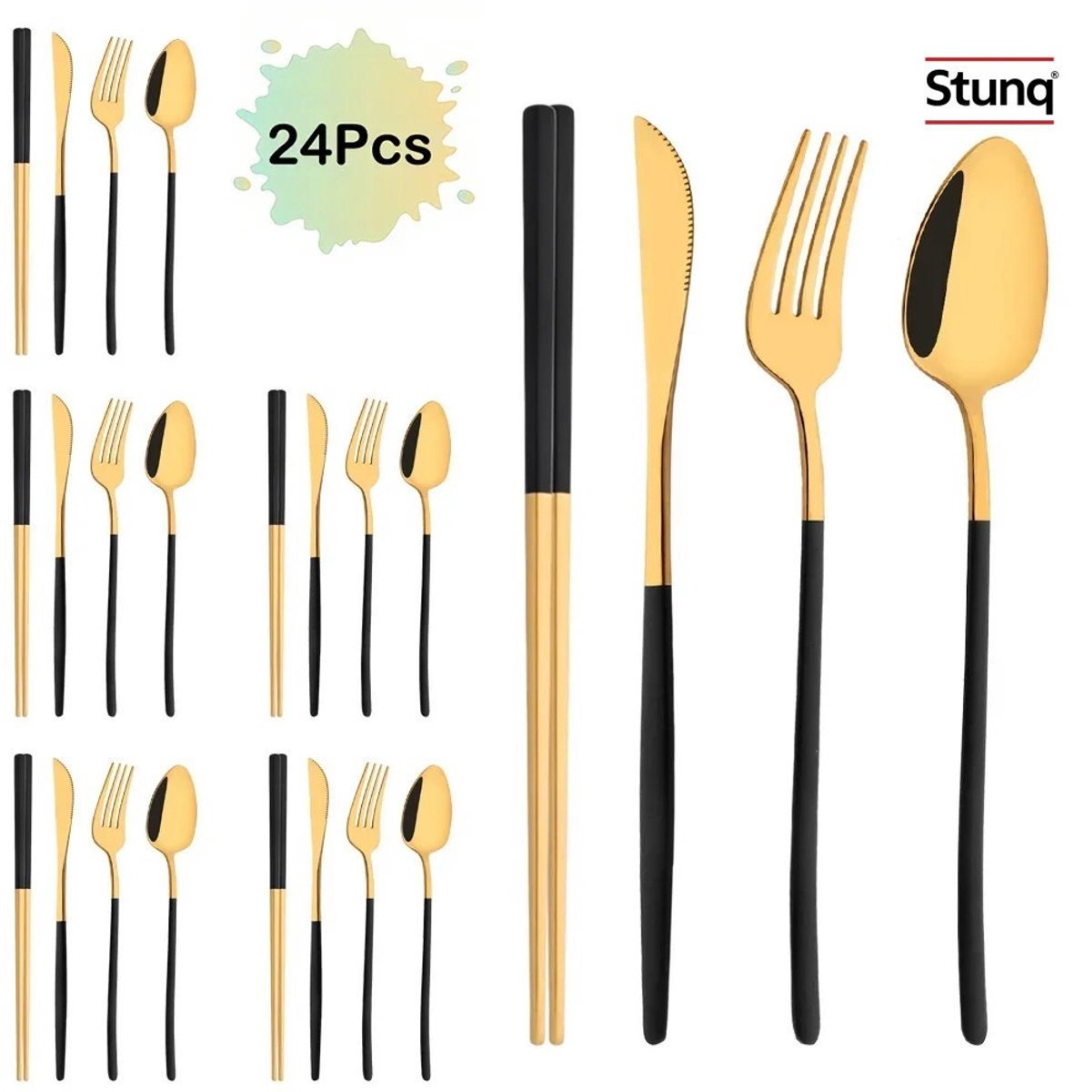 Stunq® 24-delige Bestekset Zwart Goud – Roestvrij Staal