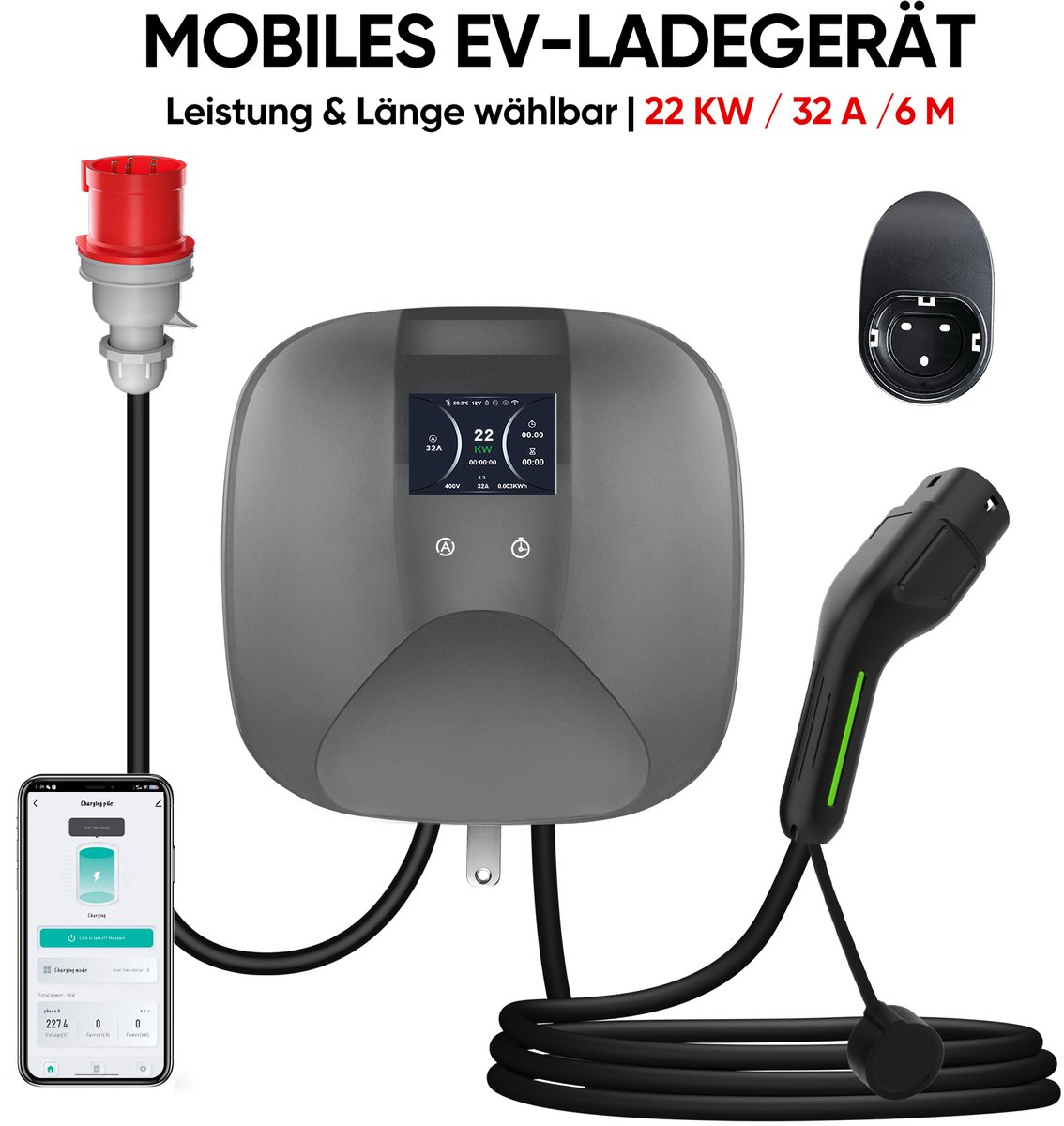 Junsun Wandgemonteerde laadpaal voor elektrische auto’s voor thuisgebruik met APP - Laadkabel Type 2 - 22kW 32A 3-fase 6M Laadkabel - 400V EV-oplader met LCD Digitaal Display - IP65 Regenbestendig - Geschikt voor Elektrische Auto's - 2 Jaar garantie