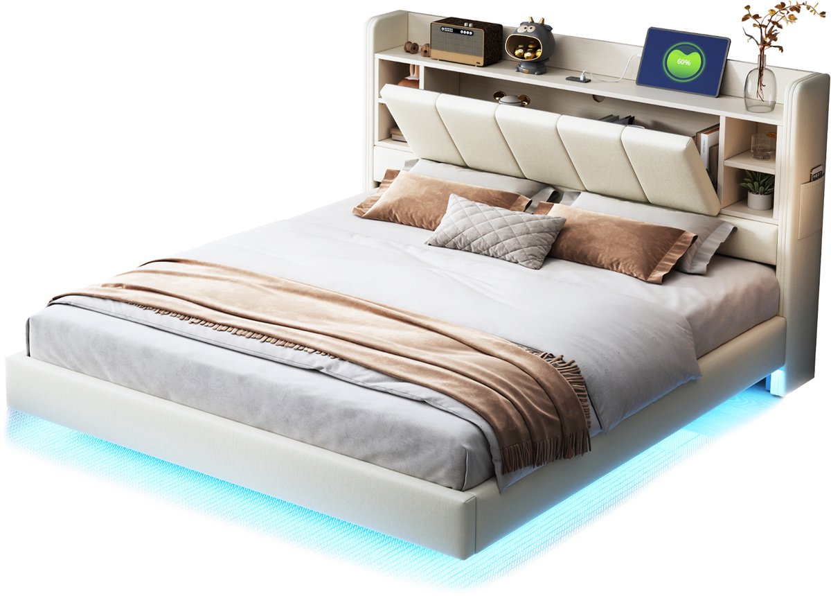 Gestoffeerd tweepersoonsbed - Bed van linnen stof - USB aansluiting - LED verlichting - 250 kg - Slaapkamer - 160x200 cm - Beige
