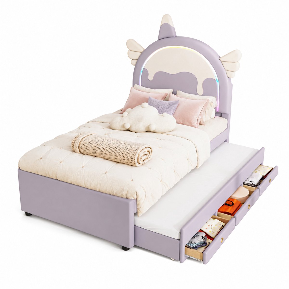 MIVRAY Kinderbed 90x200cm Zonder Matras - Eenpersoonsbed met Uittrekbed en Laden - Eenhoorn Design voor Kinderkamer - Kunstleer MDF - Paars — cadeau in Cadeau-ideeën - foto 7