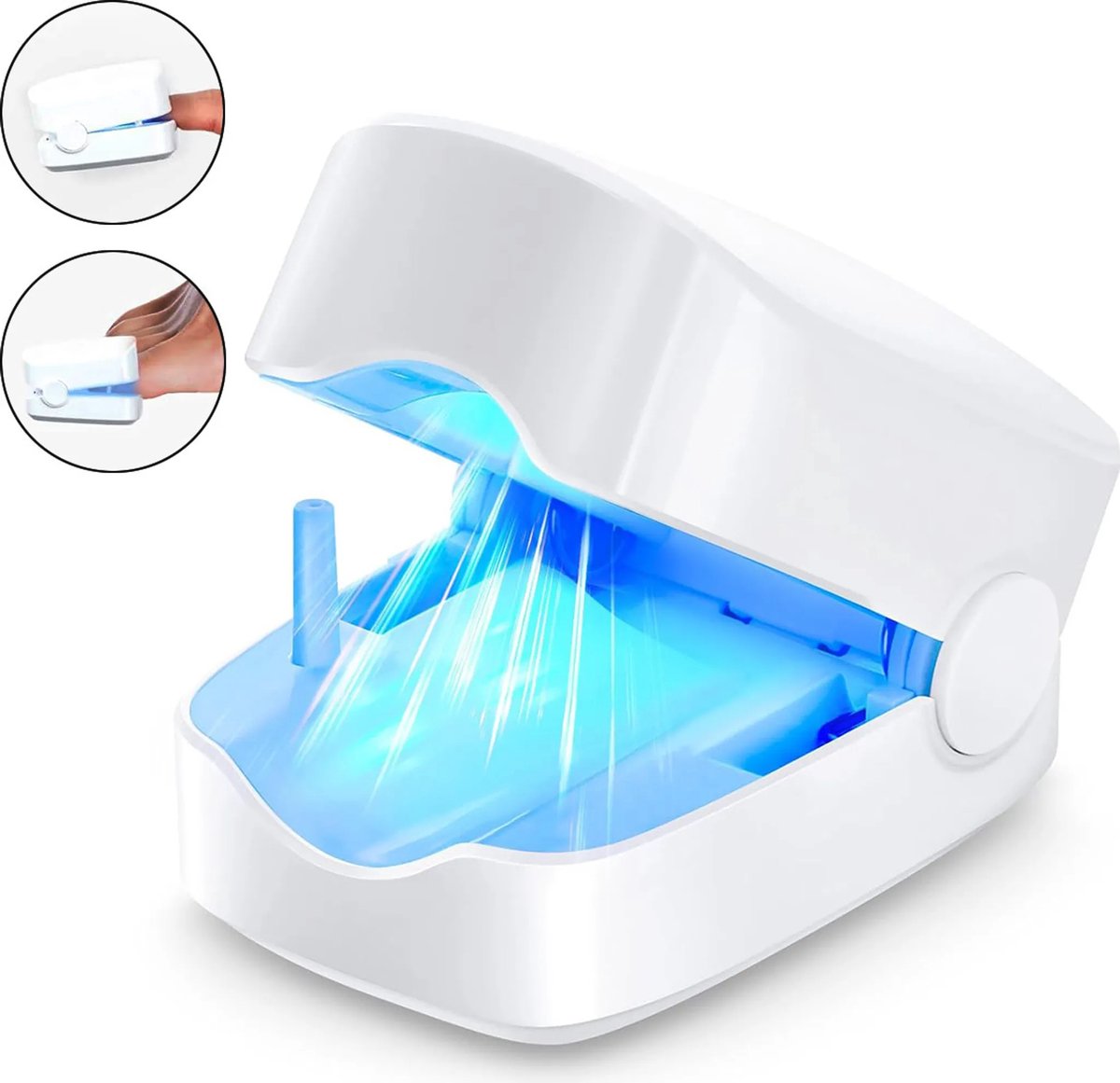 Wit, draagbaar apparaat Geschikt voor thuisgebruik Geschikt voor de behandeling van schimmelinfecties aan de nagels (blauw licht).