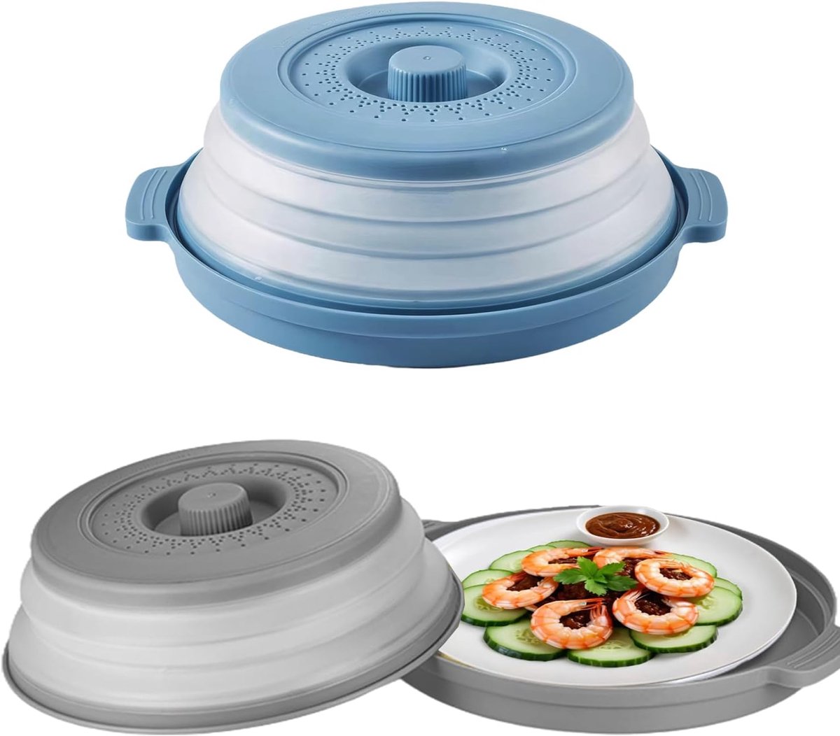 2 Stuks - voedseldeksels voor kommen Magnetron deksel Warmhouddeksel Spatbescherming Voedselafdekking - blauw en grijs