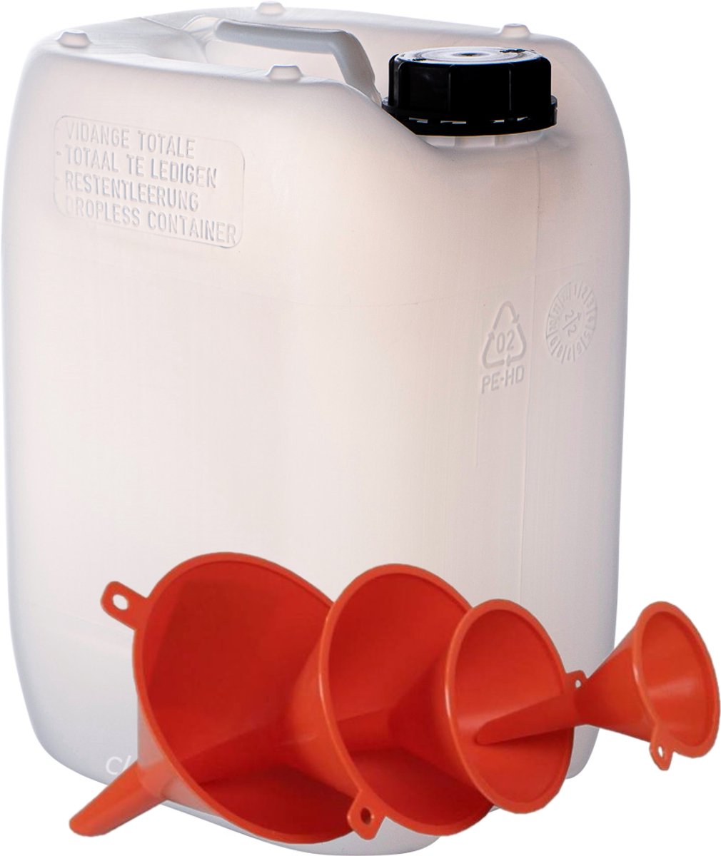 Jerrycan 10 liter | met 4-delige trechterset | geschikt voor water | UN gekeurd | benzine | handig stapelbaar | food grade | inclusief dop | totaal te legen | noodpakket