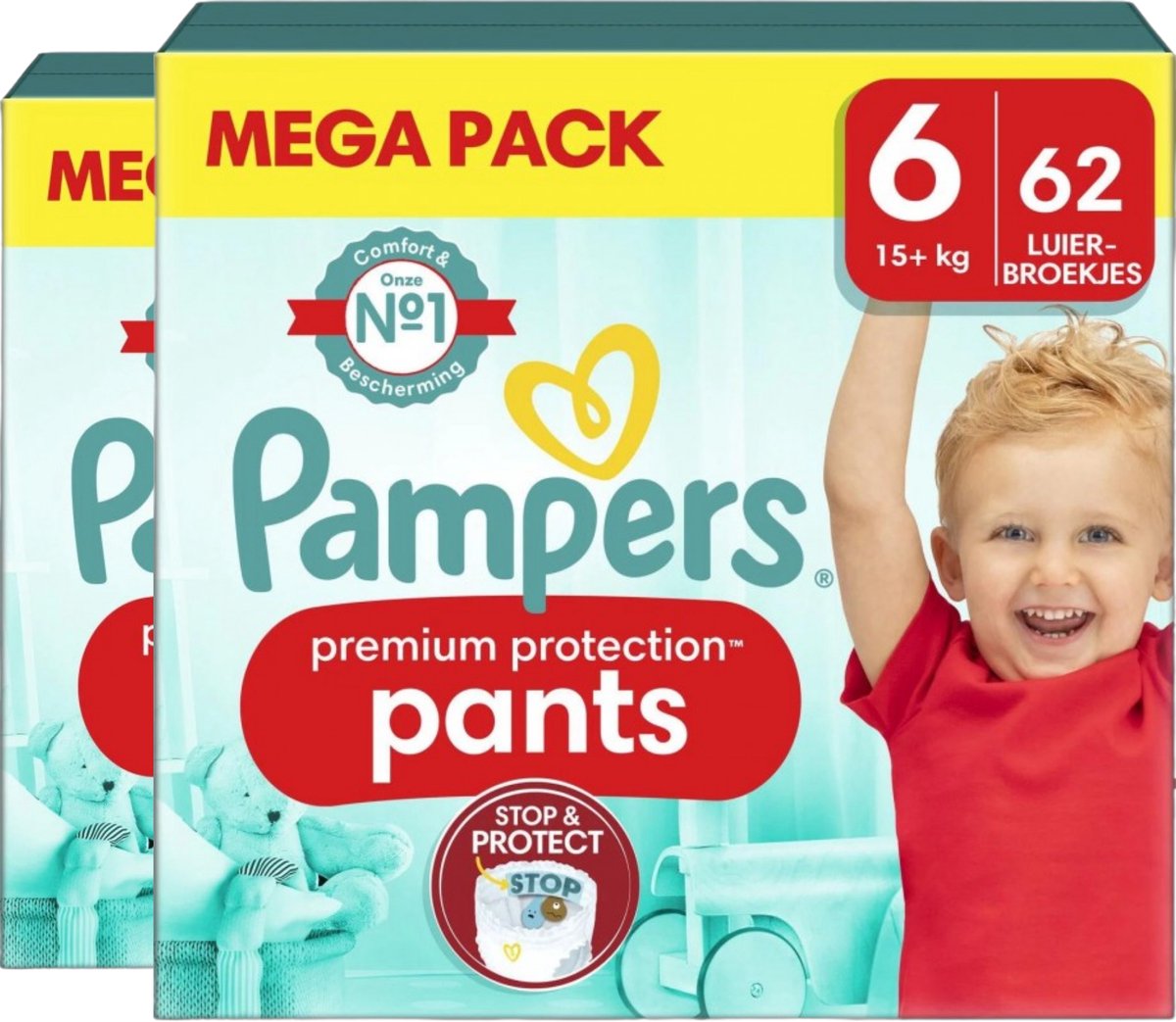 Pampers Premium Protection Pants Maat 6 - 124 Luierbroekjes (2x 62) - 15kg+ - Maandbox - Inclusief een toplaag om vocht bij de huid weg te houden - Navelvriendelijke pasvorm (tot maat 3)