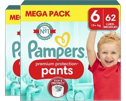 Pampers Premium Protection Pants Maat 6 - 124 Luierbroekjes (2x 62) - 15kg+ - Maandbox - Inclusief een toplaag om vocht bij de huid weg te houden - Navelvriendelijke pasvorm (tot maat 3)