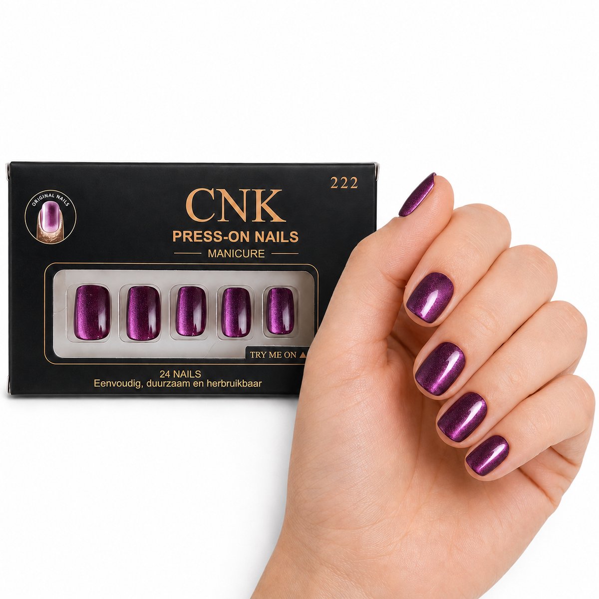 CNK 222 Press On Nails - Plaknagels - 24 Kunstnagels met Nagellijm, 24 Zelfklevende Plakstickers, Cleaner Wipe, Nagelvijl, Woodstick & Size Matcher - Nepnagels voor 7-14 Dagen - Herbruikbare Press-On Nagels - Starterspakket voor Manicure & Nail Art