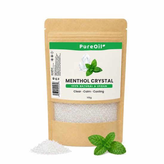 PureOil Menthol Kristallen zak van 100g, met kristallen en muntblaadjes.