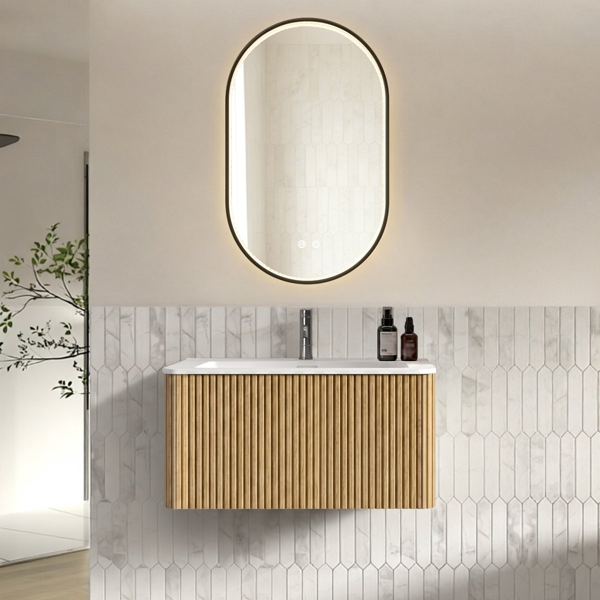 REDOM - Badkamermeubelset met spiegel - Wandhangende wastafel met onderkast - LED-spiegel met anti-condens - Voor gemonteerd - Ovale spiegel met strass - Aluminium en hout - Eiken - 80 cm