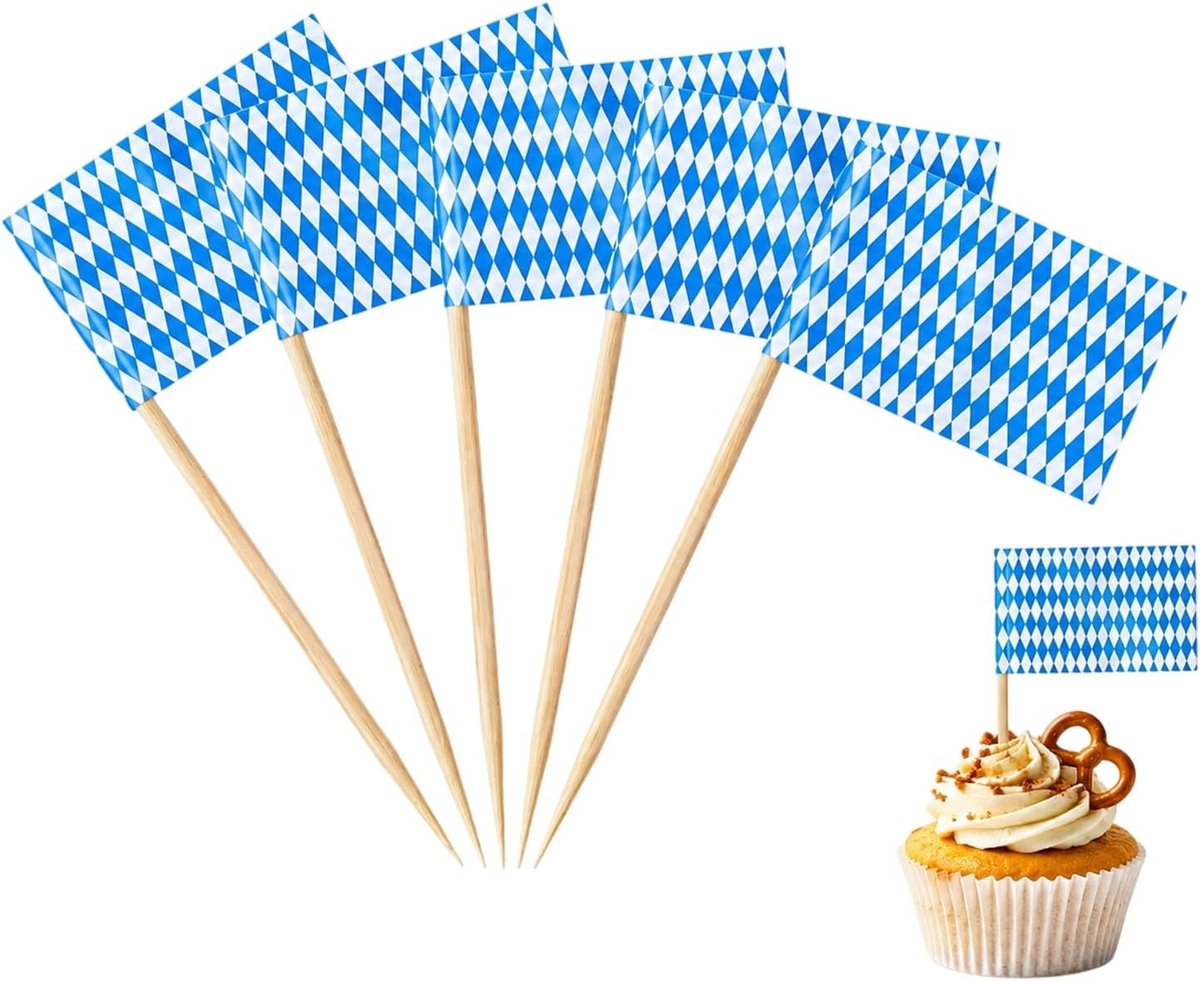 Set van 100 Houten Tandenstokers voor Oktoberfest Decoratie met Blauw-Wit Ruitpatroon, Beierse Tafeldecoratie en Mini Vlaggen voor Feestjes en Verjaardagen