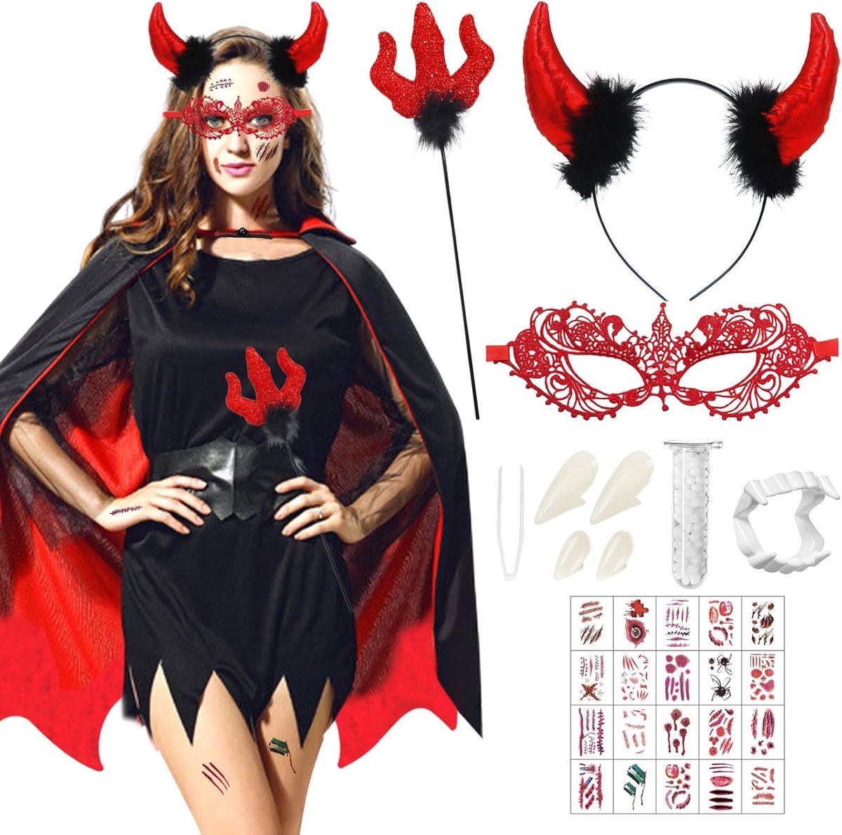 Vampier Cape voor Vrouwen, Duivels Kostuum met Tatoeages, Carnavalsoutfit en Halloween Cosplay Accessoires