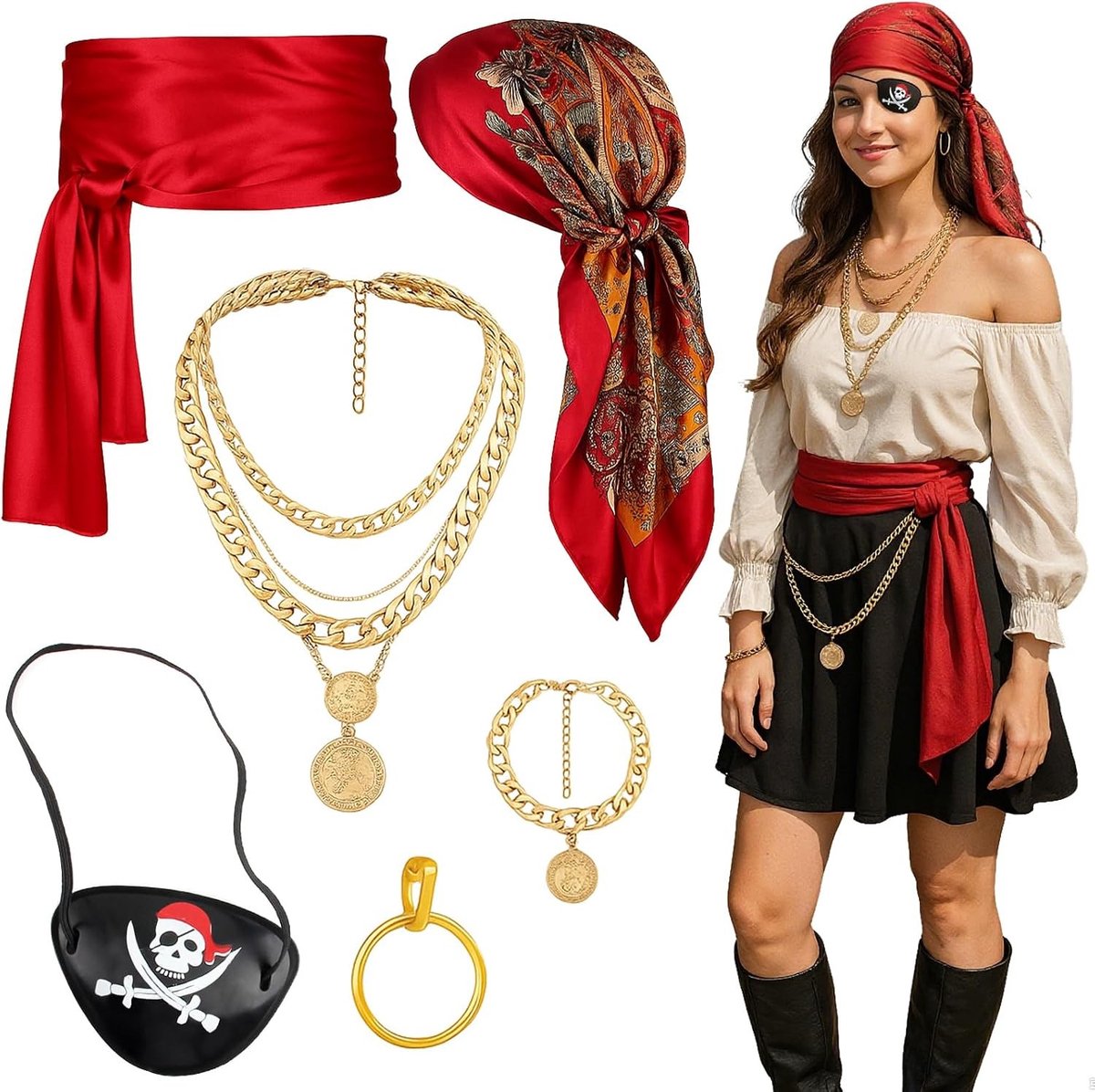 Piratenkostuum voor Vrouwen met Hoofddoek, Ceintuur en Satijnen Sjerp - Perfect voor Cosplay en Feestjes