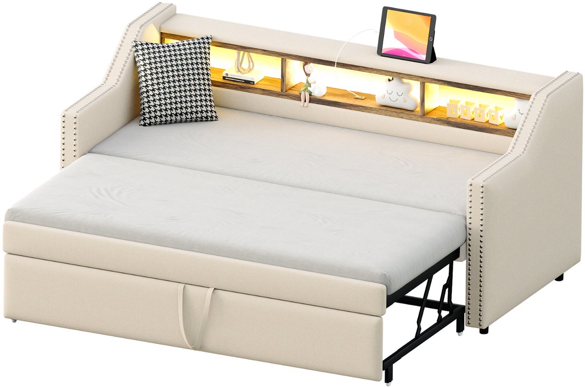 Uitschuifbare Slaapbank - Gestoffeerd Bed Beige - LED-Verlichting - USB-Aansluiting - Met Opbergvakken - Logeerkamer - 90x190 - Beige
