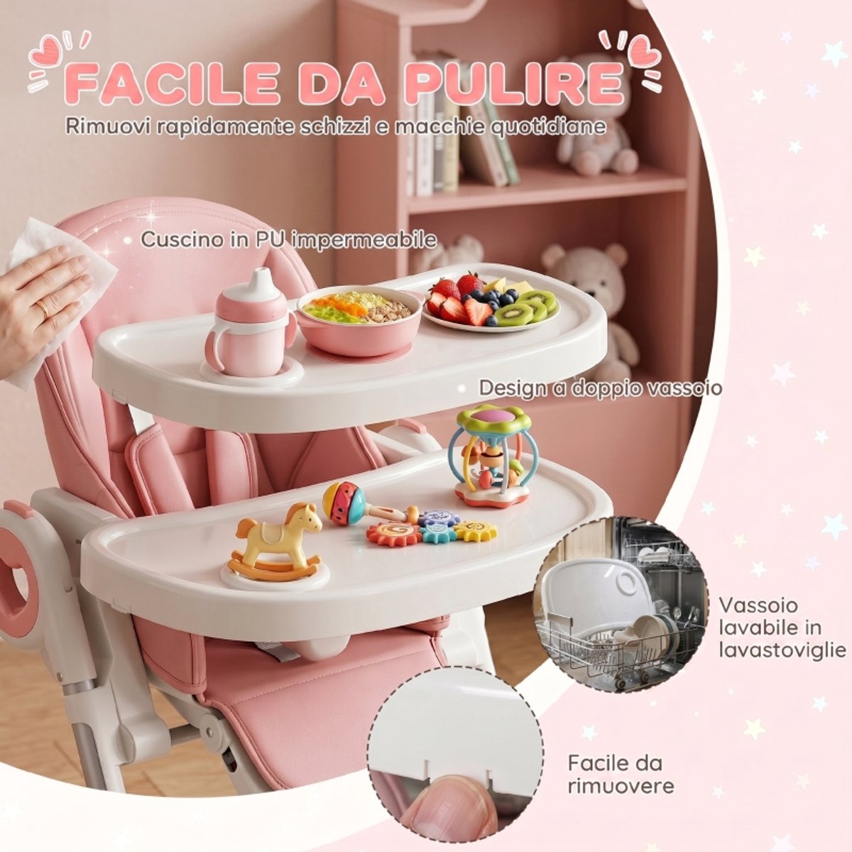 Hoge kruk - babystoel - babyvoedingsstoel - eetstoel - opvouwbare stoel - met dienblad - gemakkelijk schoon te maken - met voetensteun - in hoogte verstelbaar - woonaccessoires - geschikt voor baby’s van 6-36 maanden (roze, 75*55 cm) – foto 7