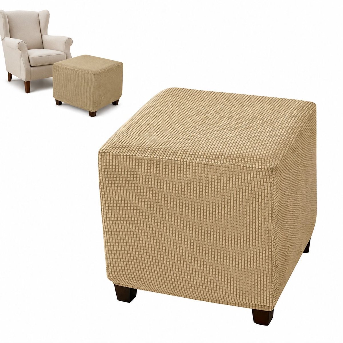 VHV - Voetenbankhoes - Stretch Hoes - Rekbare Jacquard - Geen vervorming - Comfort - Lengte 33-45,7 cm - Breedte 33-45,7 cm - Hoogte 38,1-45,7 cm - Voor Vierkante Voetenbank - Khaki