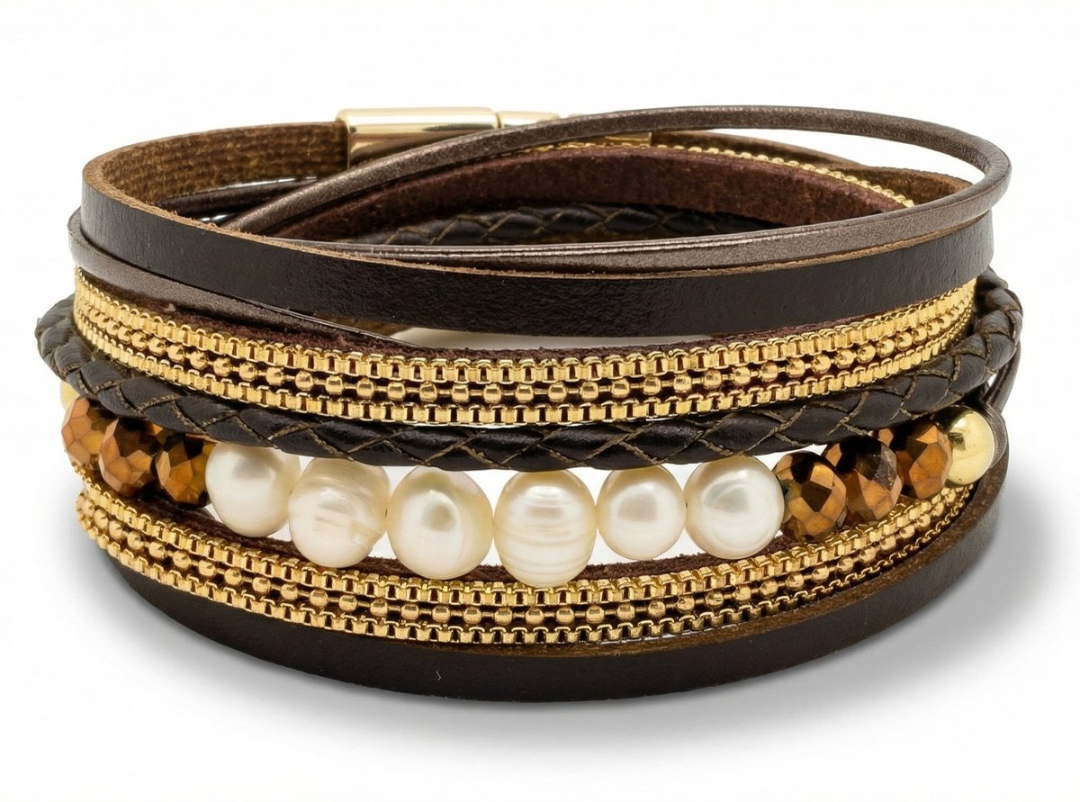 Wikkelarmband Dames Bruin- Leren armband Galeara design Perla 21,5cm met Parels Rosekleurig