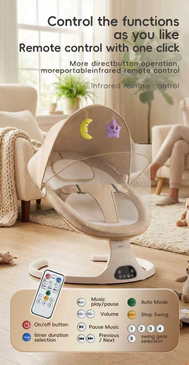 Baby Swing - Elektrische Babyschommel - Automatische Wipstoel - Met slimme afstandsbediening - 5 punts veiligheidsgordel Grijs — afbeelding 2