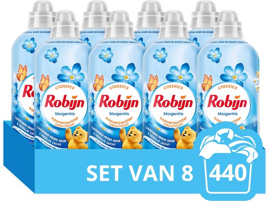 8 flessen Robijn Morgenfris wasverzachter in kartonnen verpakking met blauwe bloemen en vlinders. "SET VAN 8 440"