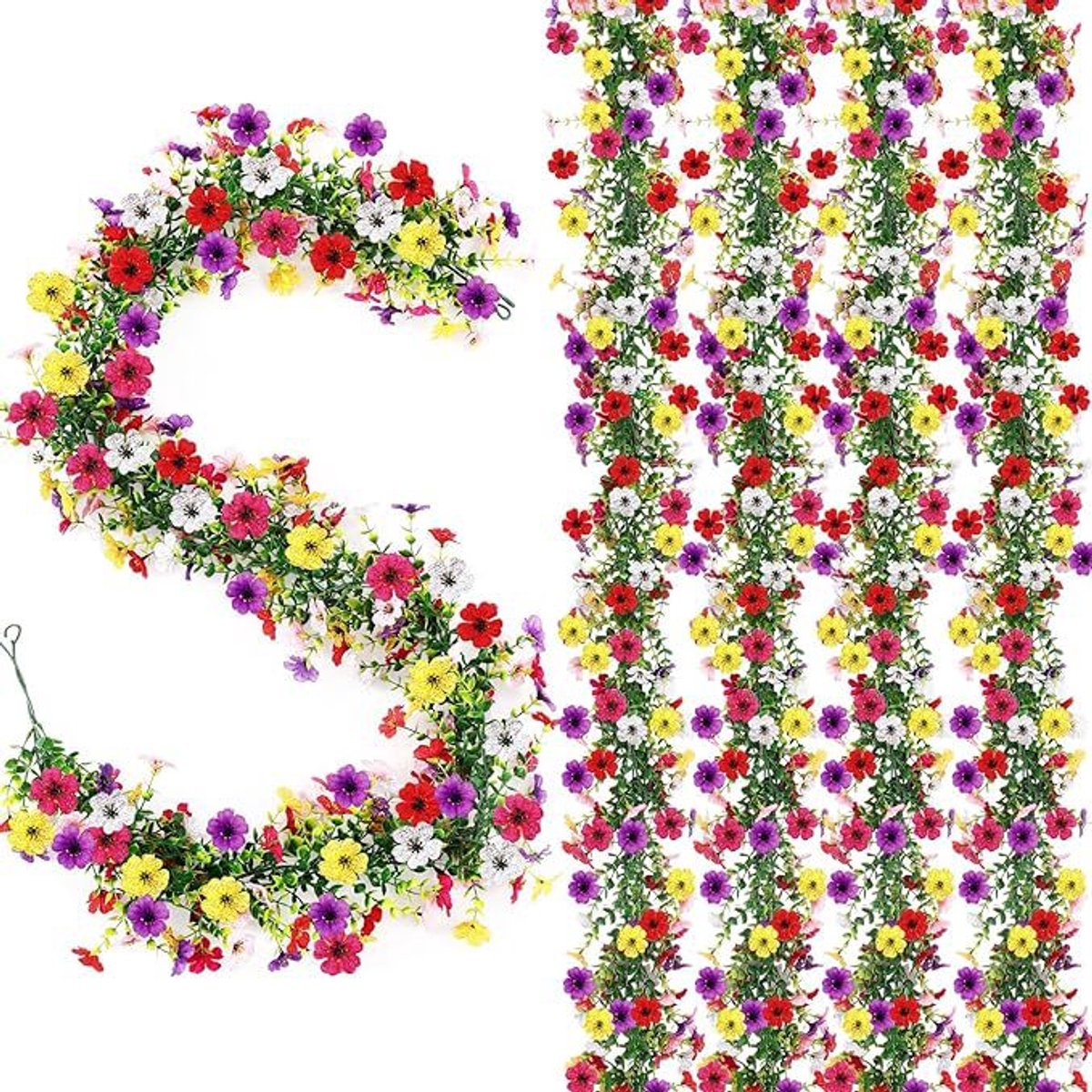 Kunstmatige Viooltjes Bloemenslinger – 4 Stuks – 180 cm – Paars, Rood & Geel – Kunstbloemen Slinger – Voor Bruiloft, Feest, Tuin en Interieur