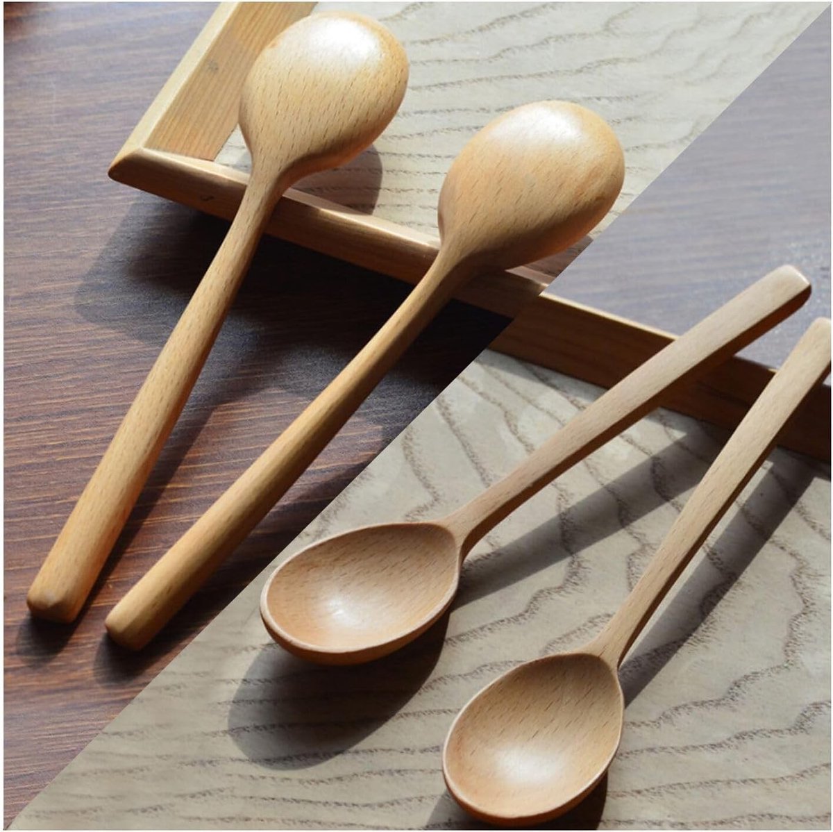 Set van 4 Houten Lepels met Lange Handgreep, Ideaal voor Mixen en Roeren van Voedsel in de Keuken