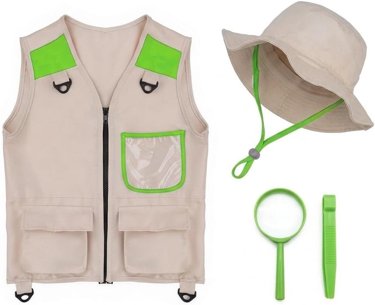 Kids Discovery Set voor Jongens en Meisjes, Scout Kostuum, Avontuurlijke Outfit met Safari Hoed, Vergrootglas en Clips voor Verkenning, 4-7 Jaar