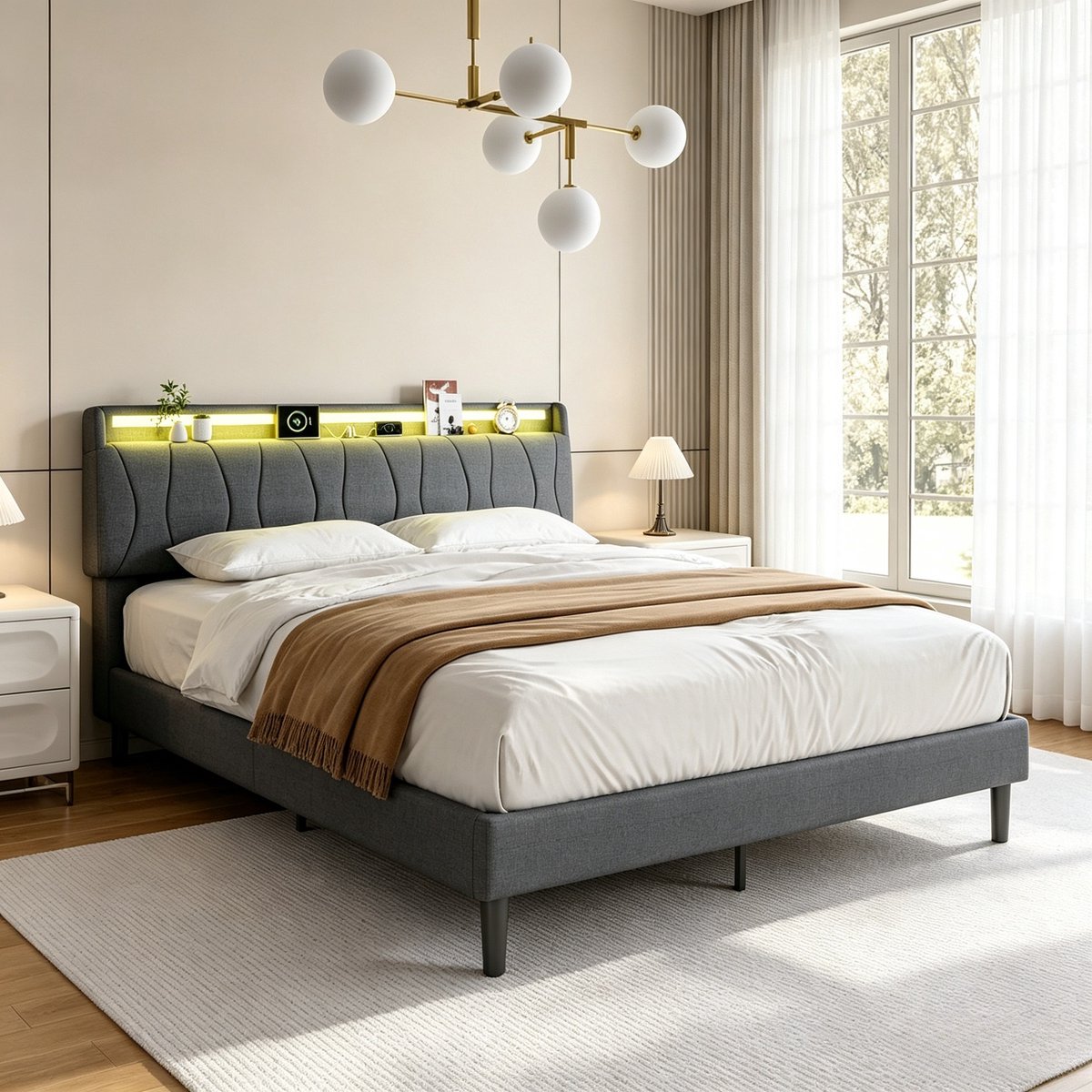 ROSAHQNDA Tweepersoonsbed 160x200 cm, gestoffeerd bed met LED-hoofdbord en lattenbodem, linnen, grijs, zonder matras