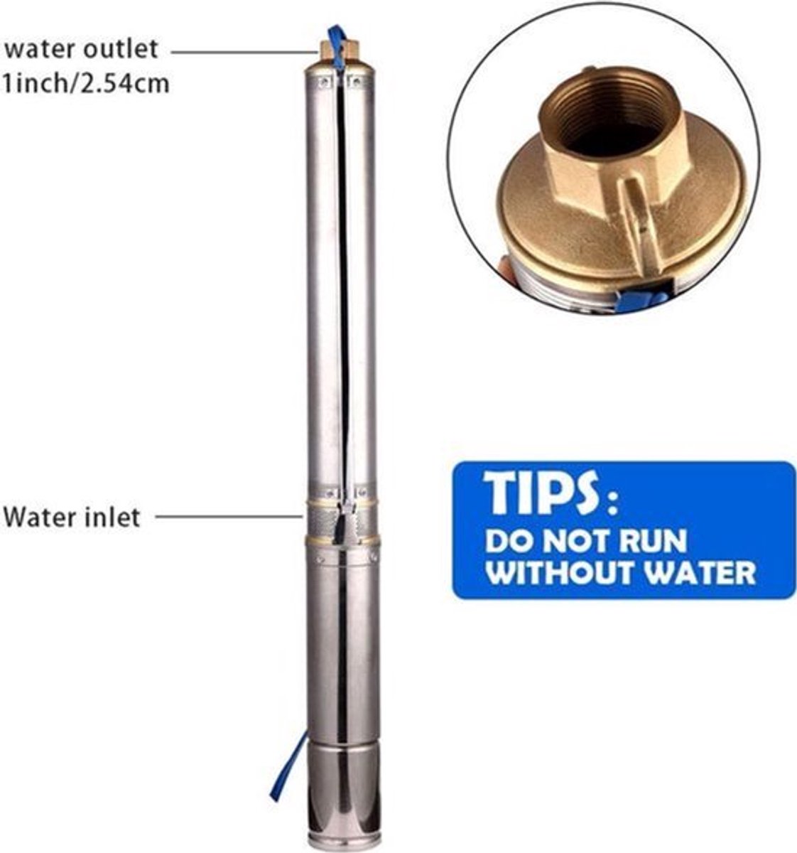 Roestvrijstalen Diepbronpomp – Dompelpomp – Tuinpomp – Fonteinpomp – Waterpomp – Compact 7,5 cm Diameter – Krachtige 550 W Motor